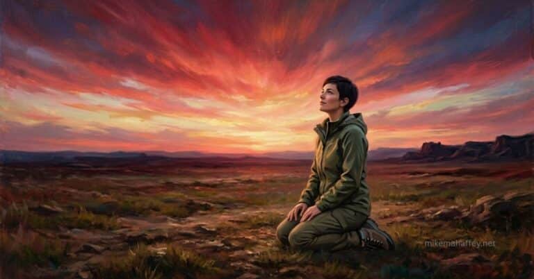 A believer kneeling beneath a crimson light, representing rest in the finished work of the blood of Jesus.