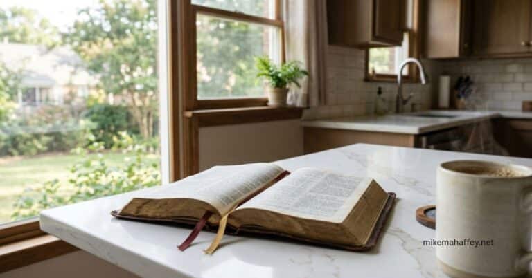 An open, well-worn Bible rests on a marble kitchen island beside a steaming mug, reflecting how the names of the Holy Spirit meet a believer in ordinary, everyday moments.