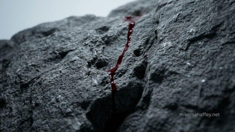 A thin trail of crimson blood running down a rough stone wall, representing the finished work of Christ that silences every accusation in Revelation 12:11.