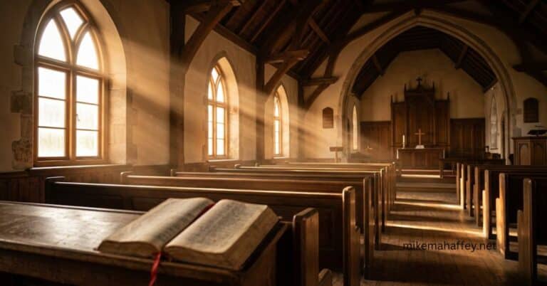 Sunlight streams through arched windows onto wooden pews and an open Bible in an empty sanctuary, a fitting picture of the person of the Holy Spirit filling a quiet space with His presence.