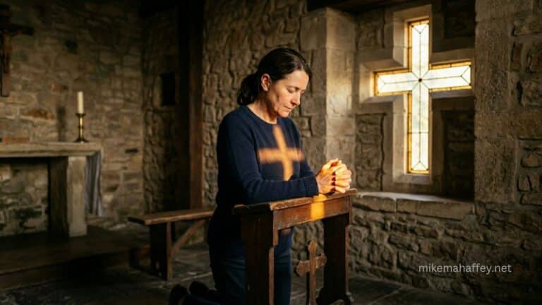 A believer kneeling in prayer beneath the light of a cross, representing the confidence of access to God through the blood of Jesus.