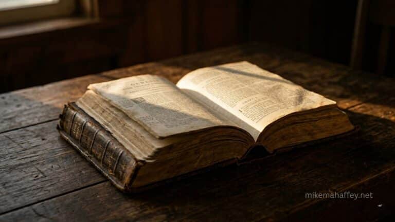 A single ray of morning light falls across an open Bible on a wooden table, representing the present-tense power of the blood of Jesus in the believer's daily life.