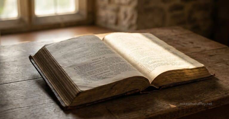 Open Bible on a wooden surface with light falling across the pages, representing faith resting on the finished work of the Cross.