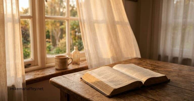 An open Bible rests on a sunlit wooden table near a window with sheer curtains, symbolizing what the Bible says about the Holy Spirit's quiet presence.