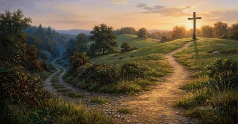 Two diverging paths in a symbolic landscape — one lit by a cross in the distance, the other leading into shadow, representing the contrast between faith in the blood of Jesus and walking after the flesh.