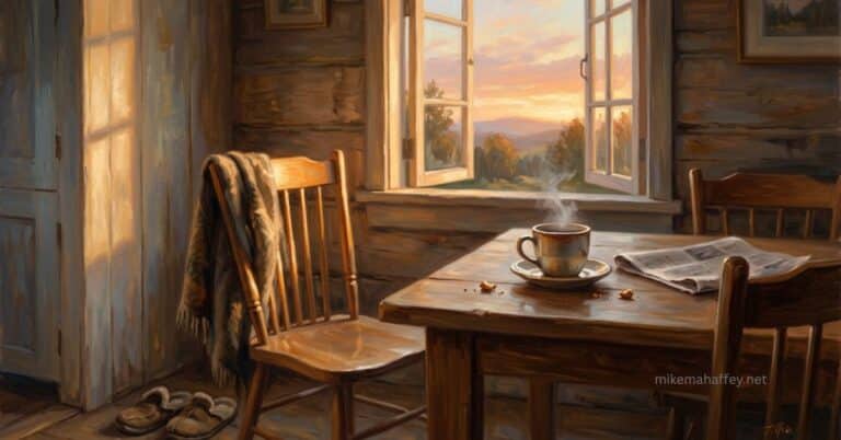 A painterly sunrise scene shows a steaming coffee cup on a rustic wooden table beside an empty chair, an image that echoes who is the Holy Spirit — a Person already present, even when unseen.