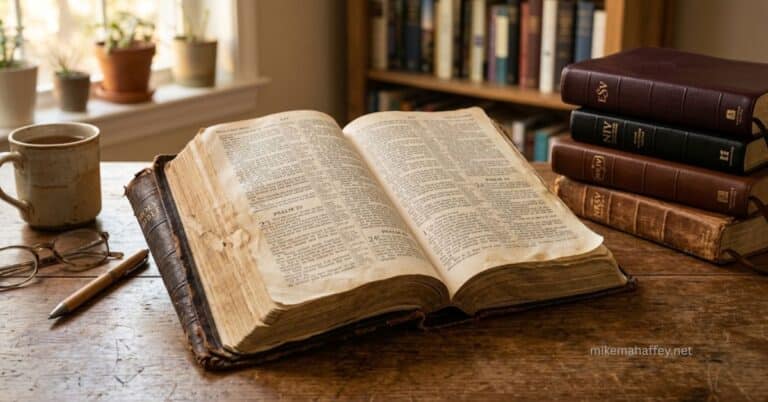 A worn, well-used KJV Bible lies open on a desk beside a stack of closed modern translations — ESV, NIV, NKJV, NASB — reflecting the conviction that every version has its place, but only one is the standard studied daily.