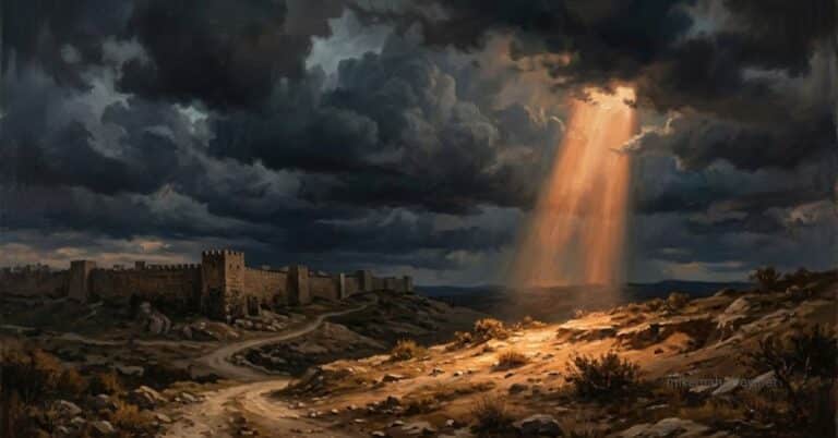 A single shaft of light breaks through dark storm clouds over a barren rocky hillside outside ancient walls, evoking the solemnity of the Cross and the weight of what the blood of Jesus accomplished.