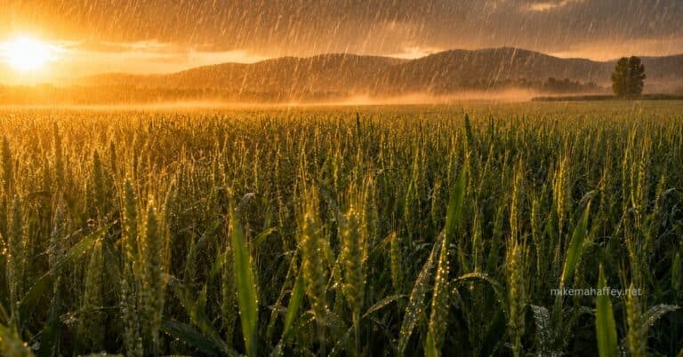 Rain falls over a golden wheat field at sunset with mist rising off the crop, a picture of how God's word waters the earth before it returns to Him.