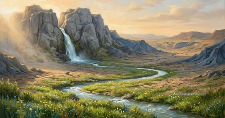 A stream pours from a split in a high gray rock and winds through a dry, cracked valley where green grass and wildflowers grow everywhere the water reaches, picturing how the Holy Spirit brings life to the believer through the finished work of the Cross.