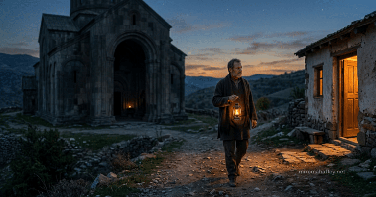A man carries a lit lantern at dusk along a stone path, walking away from a dark, empty stone church toward a small house with a glowing open doorway, picturing the Holy Spirit's dwelling place moving from a temple of stone to the believer himself after the Cross.