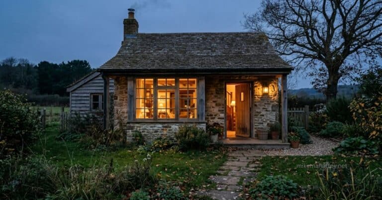 A stone cottage at dusk with warm lamplight glowing through the front window and an open door, picturing how the Holy Spirit dwells in you as God's settled home in every believer.