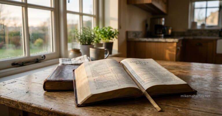 An open Bible rests on a wooden kitchen table near a window in early morning light, a picture of the quiet, unhurried pace at which the Holy Spirit guides believers into all truth.