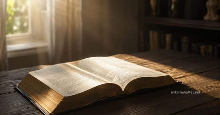 An open Bible illuminated by soft natural light on a dark wooden table.