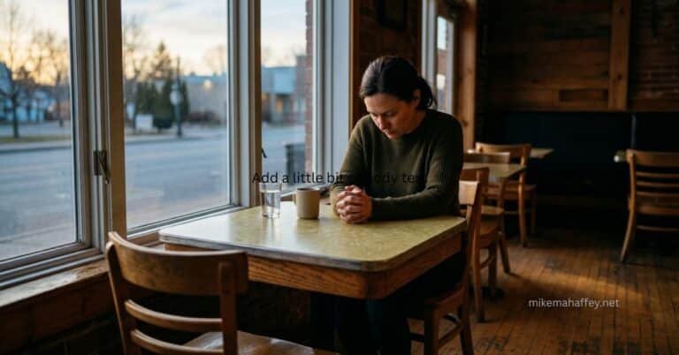 ALT TEXT: A woman sits alone at a diner table with hands clasped and head bowed in prayer, a picture of the Holy Spirit interceding for us when words fail.