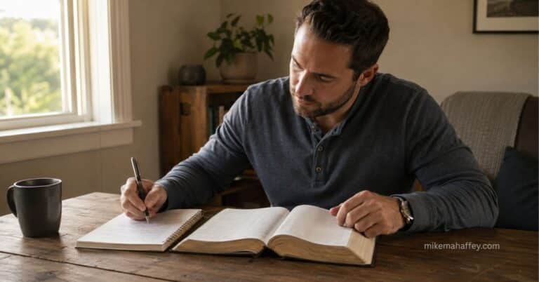 A man learning how to study the Bible for yourself with an open Bible, notebook, and pen.
