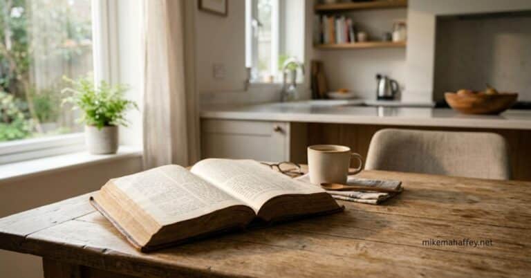 An open Bible on a wooden table with soft sunlight streaming through a window, creating a peaceful, reflective atmosphere.