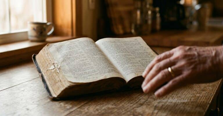 A worn, well-used Bible lies open on a wooden table near a sunlit window as a hand rests beside the page, reflecting the natural man's need for the Spirit to make its words known.