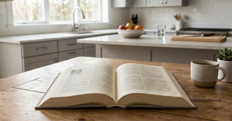 A close-up photograph of an open Bible resting on a rustic wooden table in a brightly lit kitchen. In the foreground, a speckled coffee mug and a small potted succulent sit next to the open book, which features two columns of text on aged paper, illustrating the question, 'What Does the Bible Say About Itself?' The background shows a modern kitchen with a sink, grey cabinetry, a fruit bowl with apples and oranges on an island, and sunlight streaming through a large window. The composition focuses on the open scripture, contrasting it with the everyday setting of the kitchen and morning coffee.