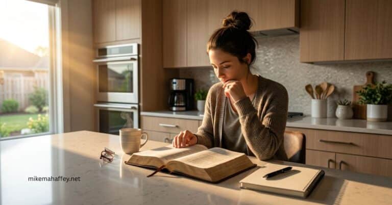 A woman sits at a kitchen counter reading an open Bible with a cup of coffee and a notebook nearby, illustrating the need for the Holy Spirit to understand Scripture.