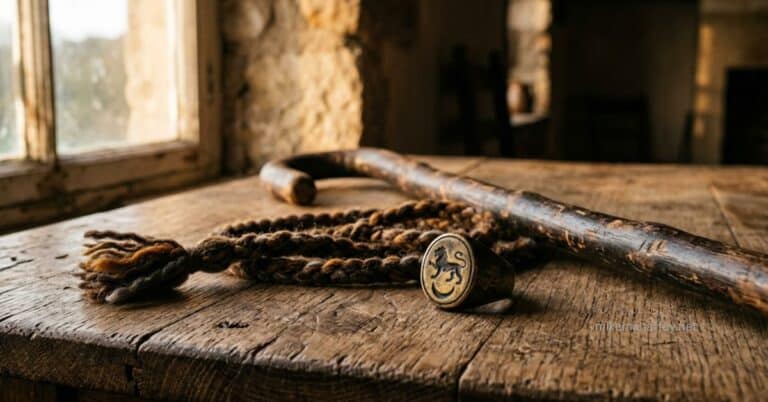 An ancient signet ring, a braided cord, and a worn wooden staff rest on a rough table in warm window light, picturing the pledge God leaves with every believer as the earnest of the Spirit.