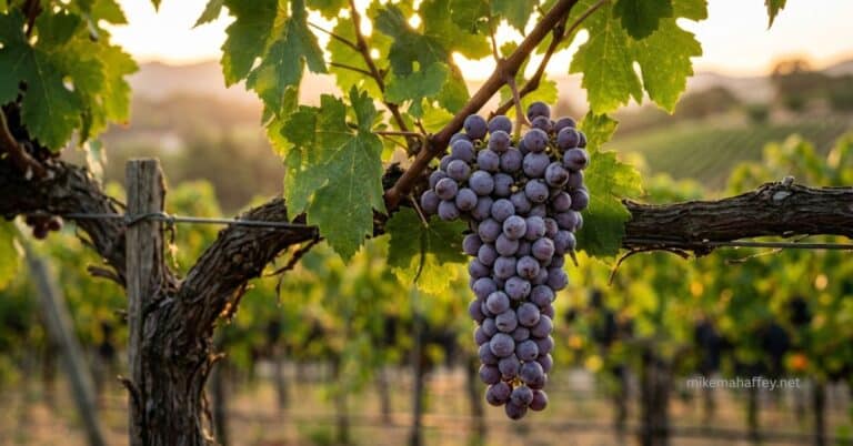 A cluster of ripe purple grapes hangs from a leafy vine at golden hour, the picture of the fruit the Holy Spirit grows in a believer's life.
