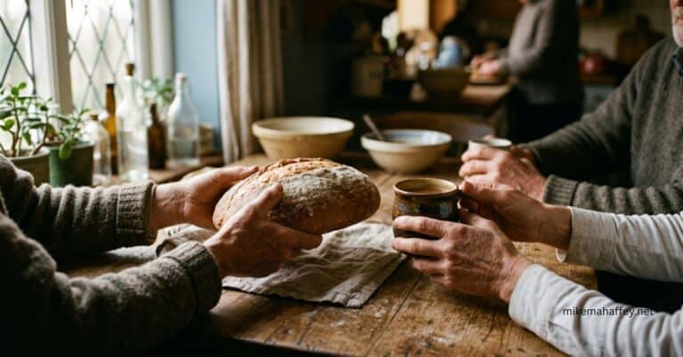 Weathered hands pass a loaf of bread and a mug of coffee across a farmhouse table, a picture of the fellowship the gifts of the Holy Spirit are given to build.