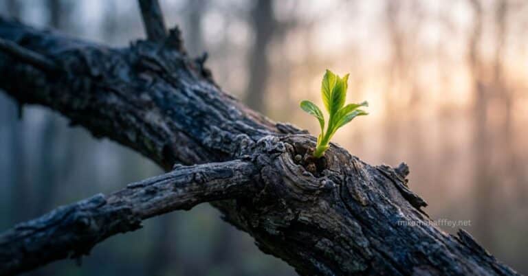 A bright green shoot with new leaves grows out of a bare, weathered tree branch at dawn, picturing the new life the Holy Spirit gives a person at salvation.