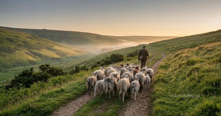 A shepherd walks ahead of his flock along a narrow dirt path through misty green hills at sunrise, picturing how the believer is led by the Spirit of God — following, not driven.