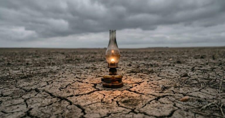 A glass oil lamp with a burning flame sits on cracked, dry earth beneath a heavy overcast sky, illustrating the Spirit's light persisting even when suppressed.