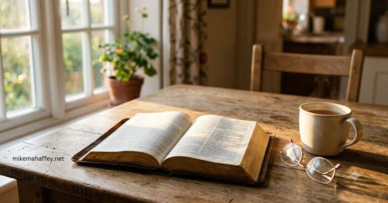 An open Bible with worn leather cover rests on a wooden kitchen table beside a steaming mug of tea and a pair of reading glasses, bathed in morning light from a nearby window — the quiet setting where reading gives way to receiving revelation.