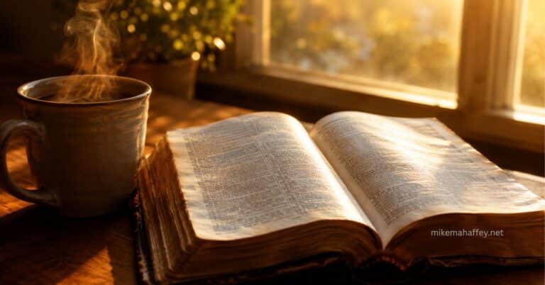 Open Bible beside a steaming coffee mug in golden morning light, illustrating that Scripture is God-breathed.