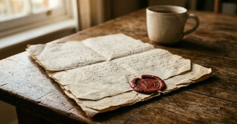 An old handwritten deed folded on a worn wooden table, closed with a deep red wax seal beside a ceramic cup, picturing the believer sealed by the Holy Spirit as God's finished purchase.