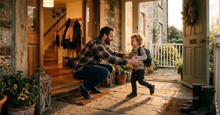 A father crouches at his open front door with arms spread wide as his smiling young son runs the last steps into his embrace at golden hour, picturing the spirit of adoption — a child welcomed home by a Father who wants him.