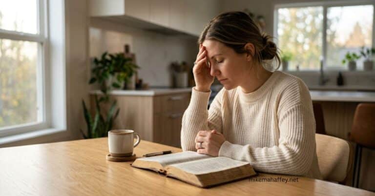 A woman sits at a kitchen table with her hand pressed to her forehead and eyes closed over an open Bible, pausing in quiet thought as spiritual things are spiritually discerned.