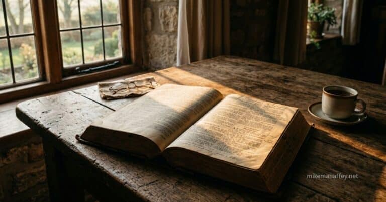 An open, well-worn Bible resting on a rough wooden table beside a pair of folded glasses and a cup of coffee, with warm morning light streaming through a cottage window — connecting the living Word of God to the quiet of daily personal study.