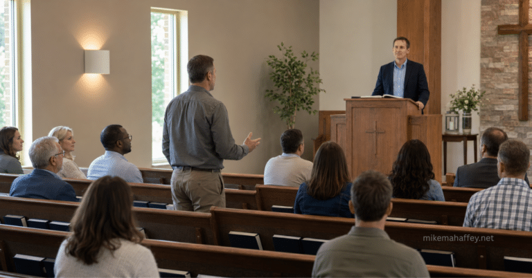 A man stands among seated churchgoers uttering a prophetic word while the pastor listens from behind the pulpit.
