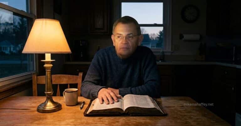 Author Mike Mahaffey looking reflective at a kitchen table at dusk, with his hand resting on an open Bible next to a warm brass lamp and a coffee mug.