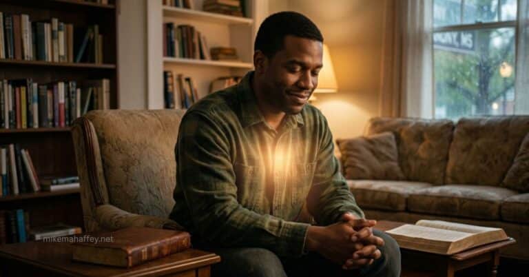 A man sits at peace in his living room with an open Bible beside him, warm lamplight glowing behind him, reflecting the quiet assurance that the Holy Spirit will never leave a believer.
