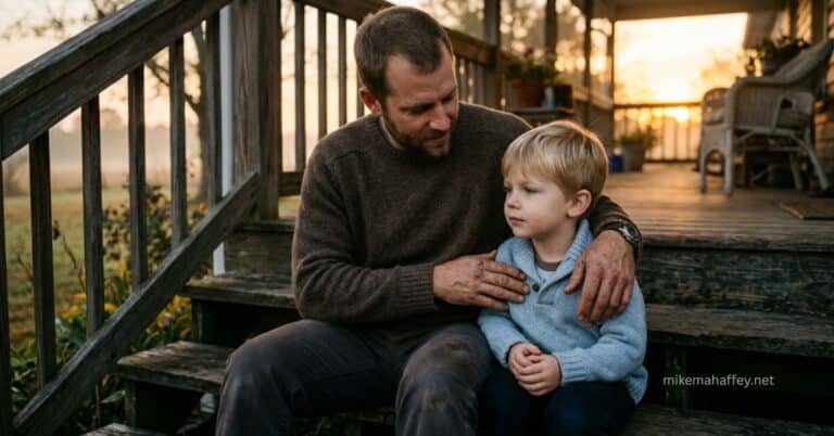 A father sits with his young son on wooden porch steps at sunrise, his arm wrapped around the boy's shoulders, picturing the settled assurance of the witness of the Holy Spirit that we are children of God.