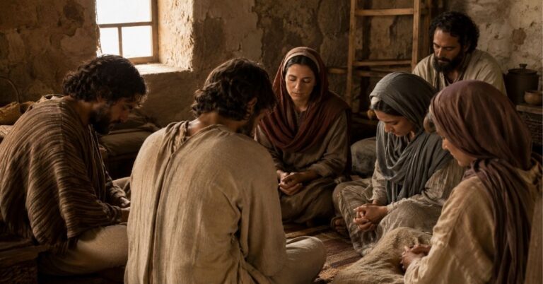 First-century believers gathered together in prayer inside a simple room.