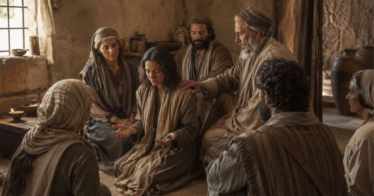 Early Christians praying together in a modest first-century room.
