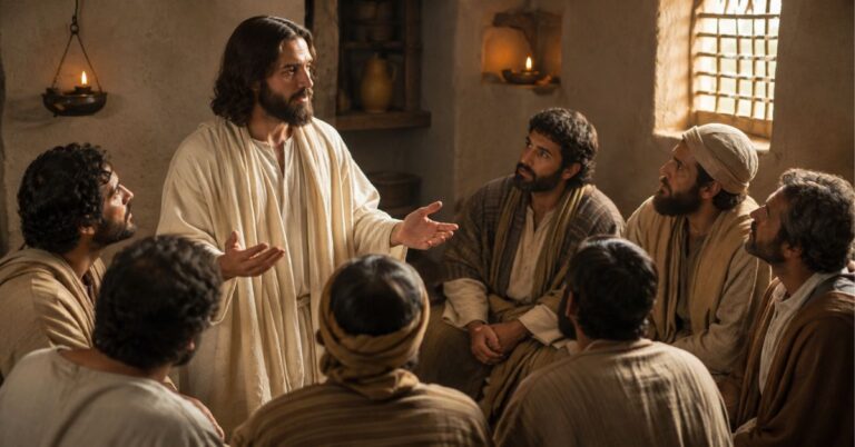 Jesus speaking with His disciples in a warmly lit first-century room before Pentecost.