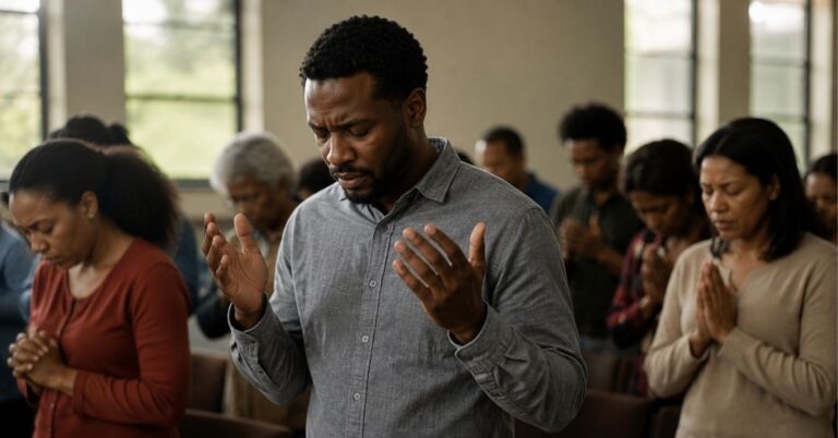 Christian praying with other believers in a quiet church setting.