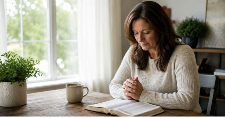 Christian praying beside an open Bible at a table in natural daylight.