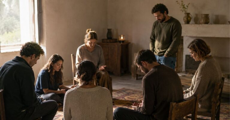 Small group of believers gathered in quiet prayer, illustrating the baptism of the Holy Spirit.