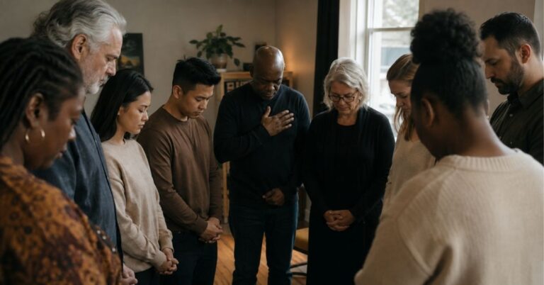 Diverse group of Christian believers praying together in a simple church room.
