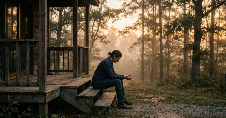 A man with his hair pulled back sits alone on wooden porch steps at misty dawn, head bowed and hands open in his lap, a quiet picture of the surrender that lets a believer be filled with the Spirit.