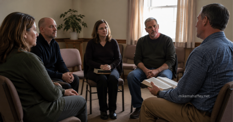 A small group of believers sits quietly listening as one person speaks in a modest church setting, reflecting the careful evaluation involved in discerning of spirits.
