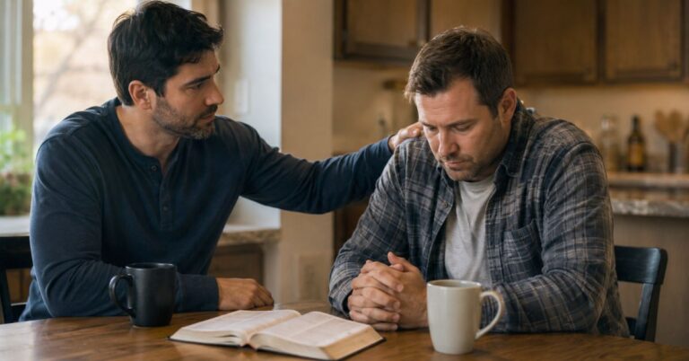 Two men sitting at a kitchen table with an open Bible as one offers comfort and support.